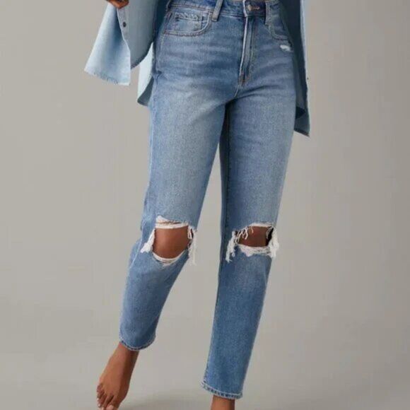 American Eagle Outfitters Denim - American Eagle Ripped Mom Jean Size 12 Denim High Rise Straight Leg Streetwear